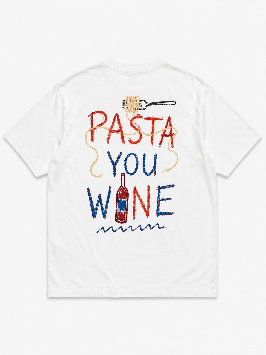 The Pasta You Wine tee in warm white, photographed flat from the back