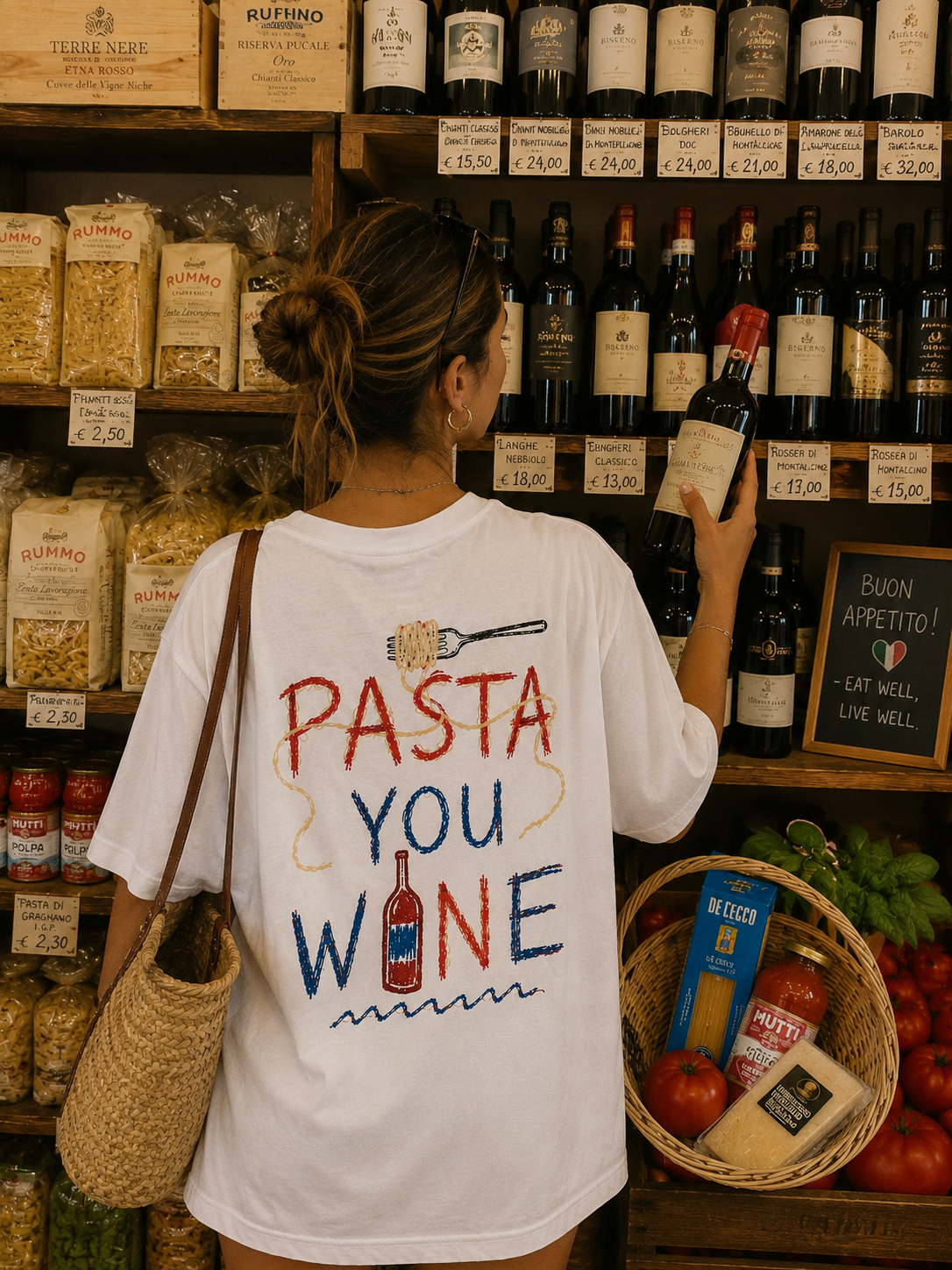 A woman in the Pasta You Wine tee choosing a bottle of red at an Italian pasta and wine shop
