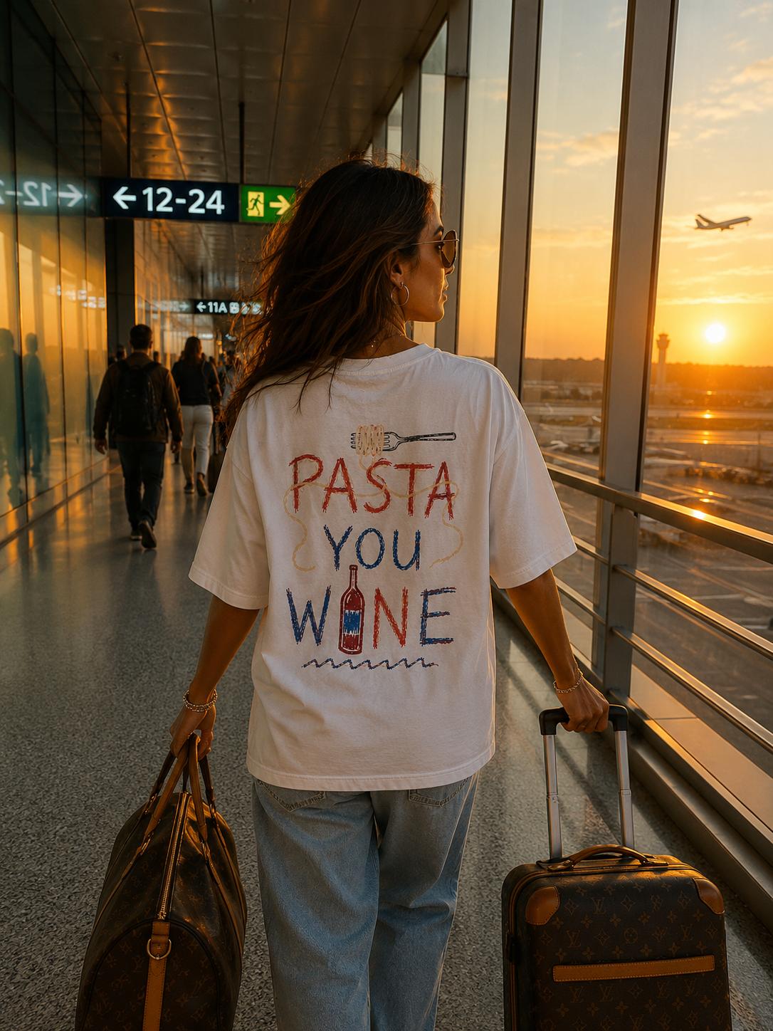 A traveller walking through an airport terminal at sunrise with her luggage